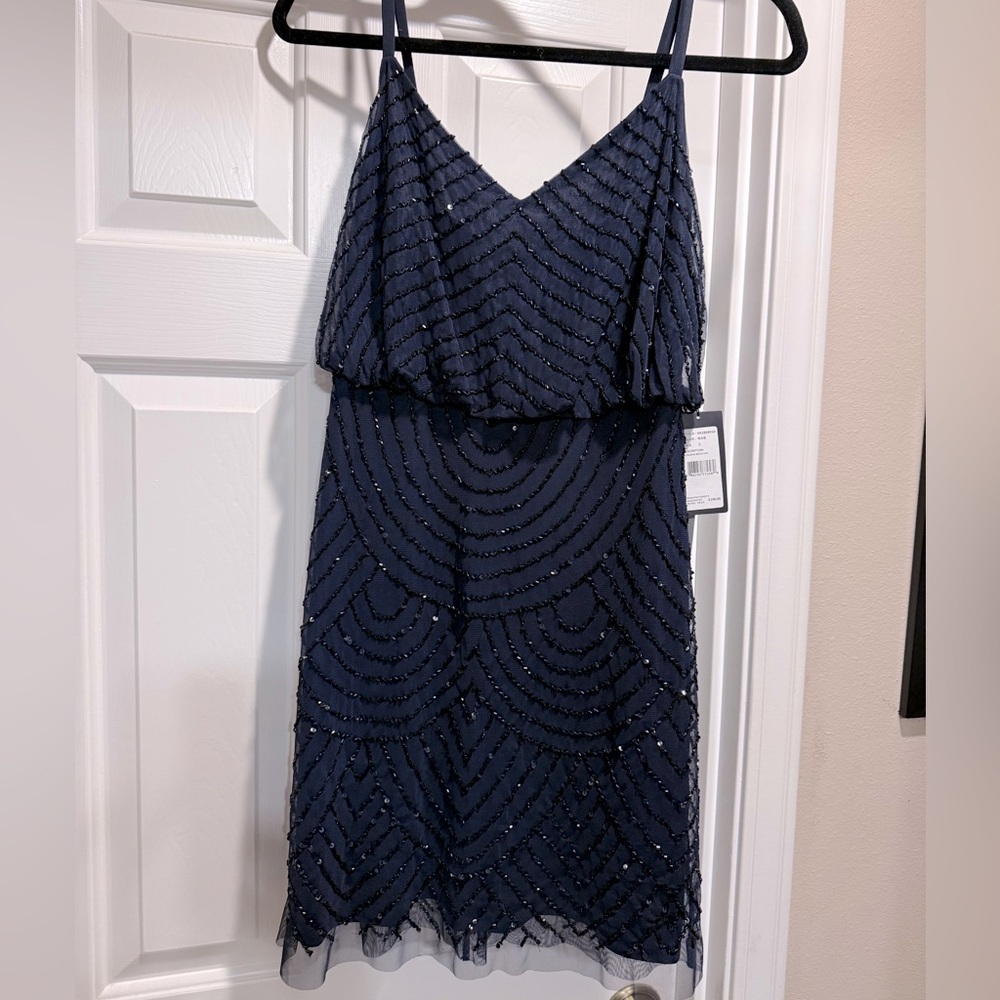 NWT Adrianna Papell navy beaded blouson dress- size 2